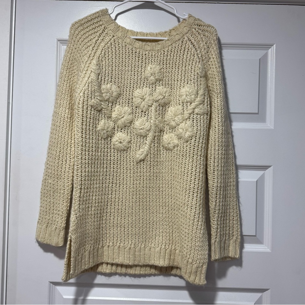Cream Chunky Knit Sweater with Floral Accents - Picture 2 of 11